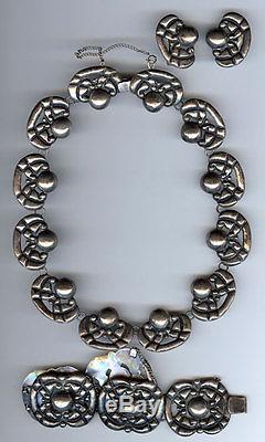 Signed Vintage 1940's Mexico Sterling Silver Bracelet Necklace & Earrings Set