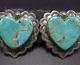 Signed Vintage Kewa Hand Stamped Sterling Silver & Turquoise Heart Earrings Clip