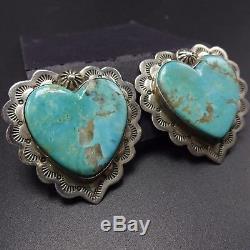 Signed Vintage KEWA Hand Stamped Sterling Silver & TURQUOISE Heart EARRINGS Clip