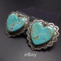 Signed Vintage KEWA Hand Stamped Sterling Silver & TURQUOISE Heart EARRINGS Clip