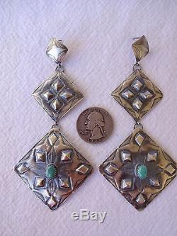 Signed Vintage NAVAJO Hand-Stamped Repoussé Sterling Silver & TURQUOISE EARRINGS