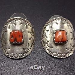 Signed Vintage NAVAJO Hand-Stamped Sterling Silver & CORAL Concho EARRINGS