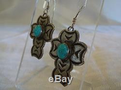Signed Vintage NAVAJO Hand-Stamped Sterling Silver & Turquoise CROSS EARRINGS
