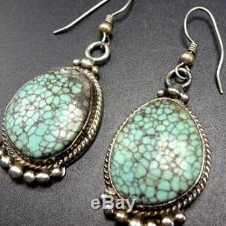 Signed Vintage NAVAJO Sterling Silver & #8 TURQUOISE EARRINGS Spiderweb Matrix