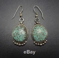 Signed Vintage NAVAJO Sterling Silver & #8 TURQUOISE EARRINGS Spiderweb Matrix