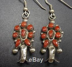 Signed Vintage NAVAJO Sterling Silver & CORAL Cluster Squash Blossom EARRINGS