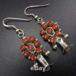 Signed Vintage NAVAJO Sterling Silver & CORAL Cluster Squash Blossom EARRINGS