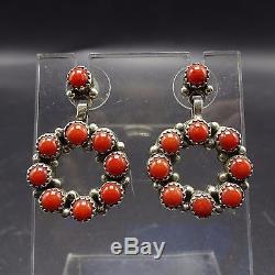 Signed Vintage NAVAJO Sterling Silver & CORAL Petit Point Cluster EARRINGS
