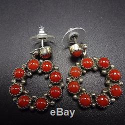 Signed Vintage NAVAJO Sterling Silver & CORAL Petit Point Cluster EARRINGS