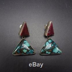 Signed Vintage NAVAJO Sterling Silver PURPLE SHELL Spiderweb TURQUOISE EARRINGS