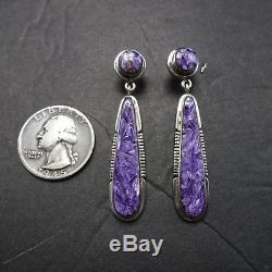 Signed Vintage NAVAJO Sterling Silver & Purple Charoite EARRINGS Long Dangle