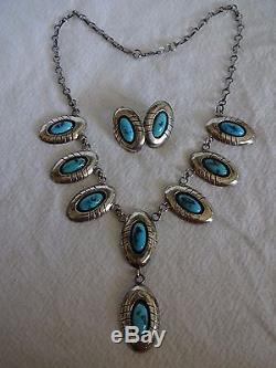 Signed Vintage NAVAJO Sterling Silver Shadowbox TURQUOISE Necklace Earrings SET