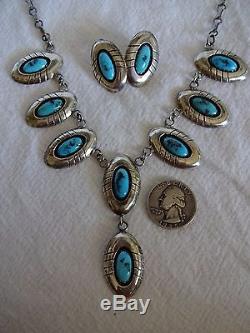 Signed Vintage NAVAJO Sterling Silver Shadowbox TURQUOISE Necklace Earrings SET