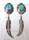 Signed Vintage Navajo Sterling Silver & Turquoise Earrings Feather Dangle