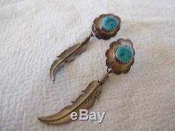 Signed Vintage NAVAJO Sterling Silver & TURQUOISE EARRINGS Feather Dangle