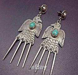 Signed Vintage NAVAJO Sterling Silver & TURQUOISE EARRINGS ThunderBird Dangles