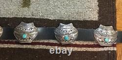 Signed Vintage Navajo Turquoise Sterling Silver Pottery Concho Belt & Earrings