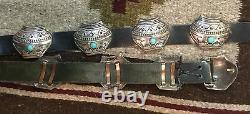 Signed Vintage Navajo Turquoise Sterling Silver Pottery Concho Belt & Earrings
