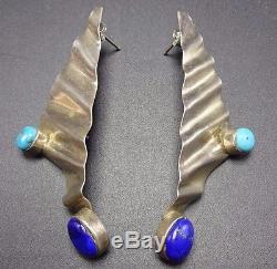 Signed Vintage ZUNI Corrugated Sterling Silver LAPIS & TURQUOISE EARRINGS