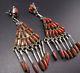 Signed Vintage Zuni Sterling Silver & Coral Needlepoint Chandelier Earrings