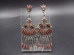 Signed Vintage ZUNI Sterling Silver & CORAL Needlepoint Chandelier EARRINGS