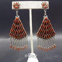 Signed Vintage ZUNI Sterling Silver & CORAL Needlepoint Chandelier EARRINGS