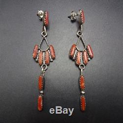 Signed Vintage ZUNI Sterling Silver CORAL Needlepoint EARRINGS Pierced Dangle