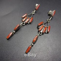 Signed Vintage ZUNI Sterling Silver CORAL Needlepoint EARRINGS Pierced Dangle