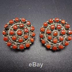 Signed Vintage ZUNI Sterling Silver & CORAL Petit Point EARRINGS Clip-On