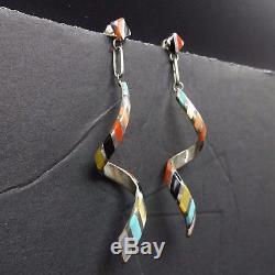 Signed Vintage ZUNI Sterling Silver CORKSCREW INLAY EARRINGS Turquoise Coral Jet
