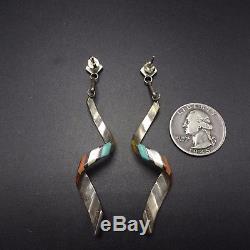 Signed Vintage ZUNI Sterling Silver CORKSCREW INLAY EARRINGS Turquoise Coral Jet