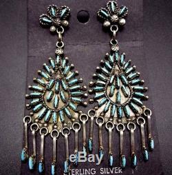 Signed Vintage ZUNI Sterling Silver & NEEDLEPOINT Chandelier TURQUOISE EARRINGS