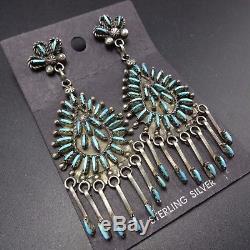 Signed Vintage ZUNI Sterling Silver & NEEDLEPOINT Chandelier TURQUOISE EARRINGS