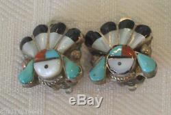 Signed Vintage ZUNI Sterling Silver & Sun Face INLAY Clip-On EARRINGS