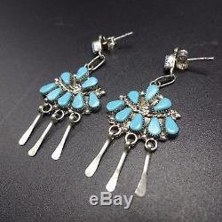 Signed Vintage ZUNI Sterling Silver & TURQUOISE Cluster Dangle EARRINGS