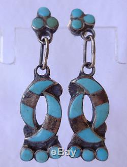 Signed Vintage ZUNI Sterling Silver TURQUOISE Inlay Hummingbird Design EARRINGS