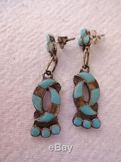 Signed Vintage ZUNI Sterling Silver TURQUOISE Inlay Hummingbird Design EARRINGS