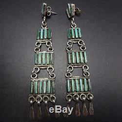 Signed Vintage ZUNI Sterling Silver & TURQUOISE Needlepoint Ladder EARRINGS
