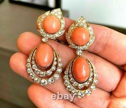 Sim Diamond & Coral Earrings 14k Vintage Style Handmade Gold Plating Fine Jewel