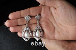 Simulated 925 Sterling Silver White Round CZ Vintage Style High Pearl Earrings