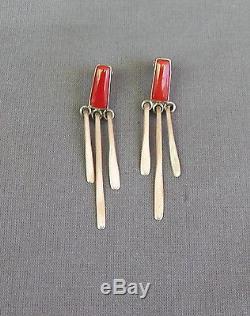 Sleek Vintage Signed Coral & Sterling Silver Dangles Earrings
