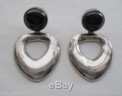 Spectacular STERLING Silver ONYX Big EARRINGS Signed TC-132 925 MEXICO Vintage