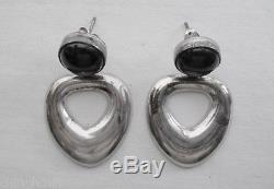 Spectacular STERLING Silver ONYX Big EARRINGS Signed TC-132 925 MEXICO Vintage