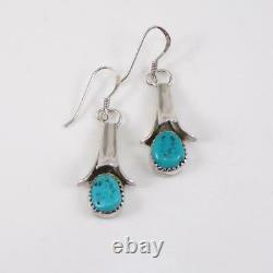 Squash Blossom Vtg Native American Sterling Silver Blue Turquoise Earrings LFK5