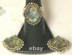 Stephen Dweck Vintage Sterling 925 Carved Stone Ring & Earring Set