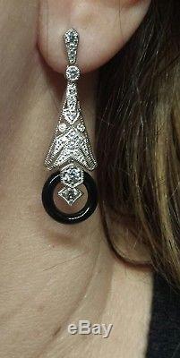 Sterling Silver Black Onyx & CZ VINTAGE REPRODUCTION Dangle Earrings, Art Deco