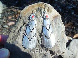 Sterling Silver Coral Flowers Waterfall Navajo Vintage Long Dangle Earrings M