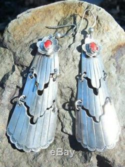 Sterling Silver Coral Flowers Waterfall Navajo Vintage Long Dangle Earrings M