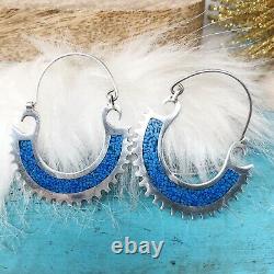 Sterling Silver Crushed Turquoise Large Hoop Earrings Mexico Reversible Vintage