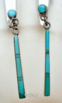Sterling Silver Earrings with Inlay Turquoise Blue Gemstones Signed PU Vintage